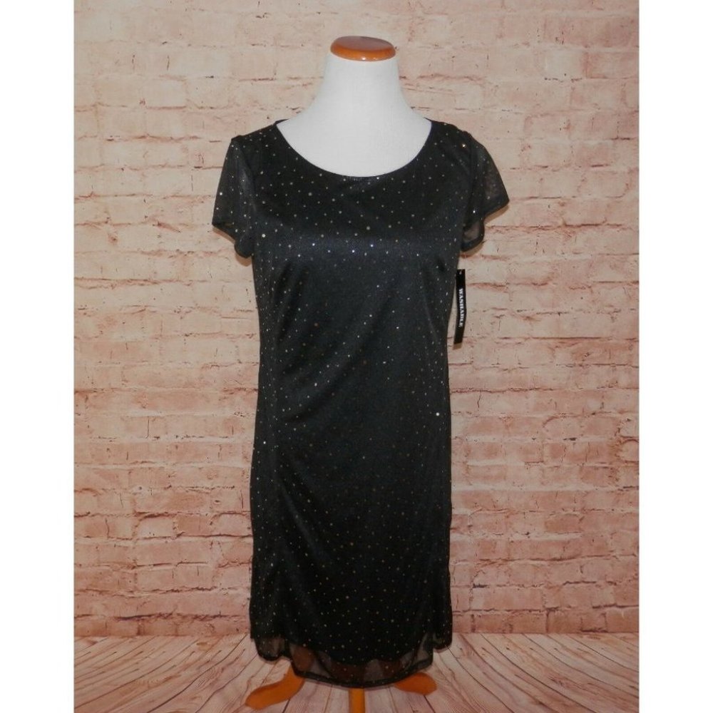NEW Danillo Boutique Large Black Sheer Over Lining Pleated Stretch Dress 2216